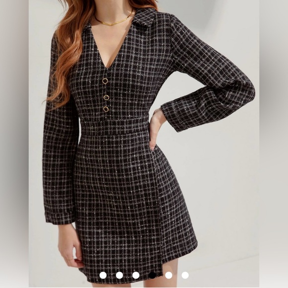 NEW! AIR SPACE Temperament Lapel Classic Tweed Short Dress (Black) - Picture 1 of 8